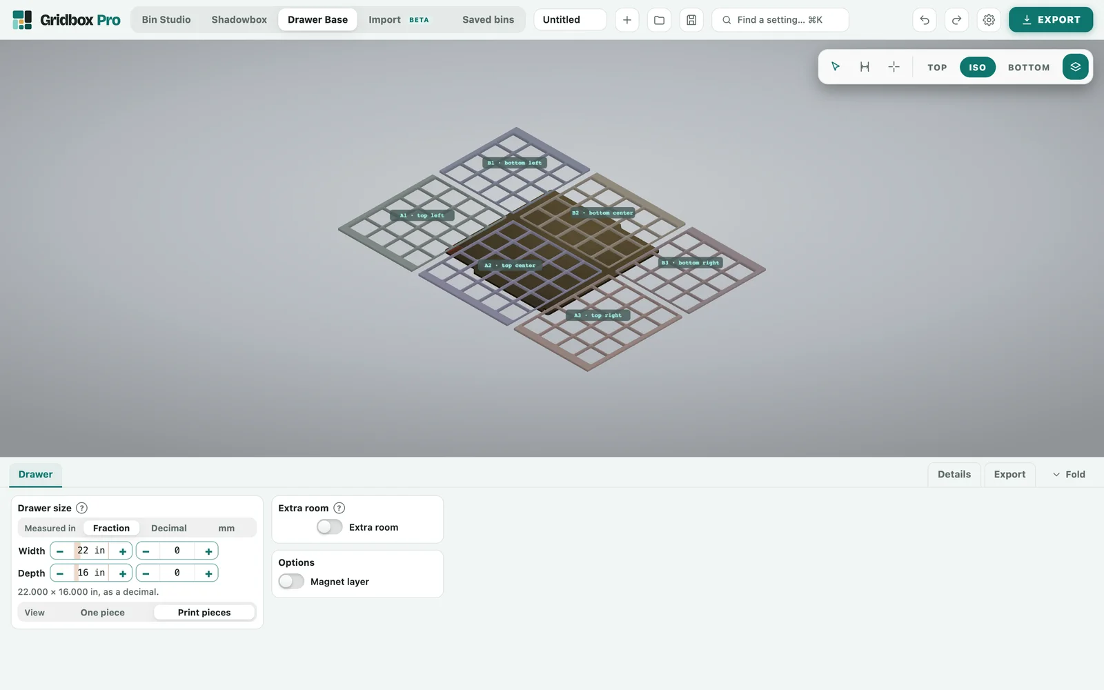 Gridbox Pro's Drawer Base with a 22 by 16 inch drawer typed in and View set to Print pieces, showing six labeled pieces