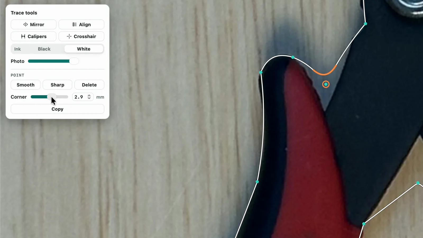 Gridbox Pro's Trace tools with the Point controls: Smooth, Sharp, Delete and a Corner slider set to 2.9 mm, rounding the selected corner of the wire cutters outline